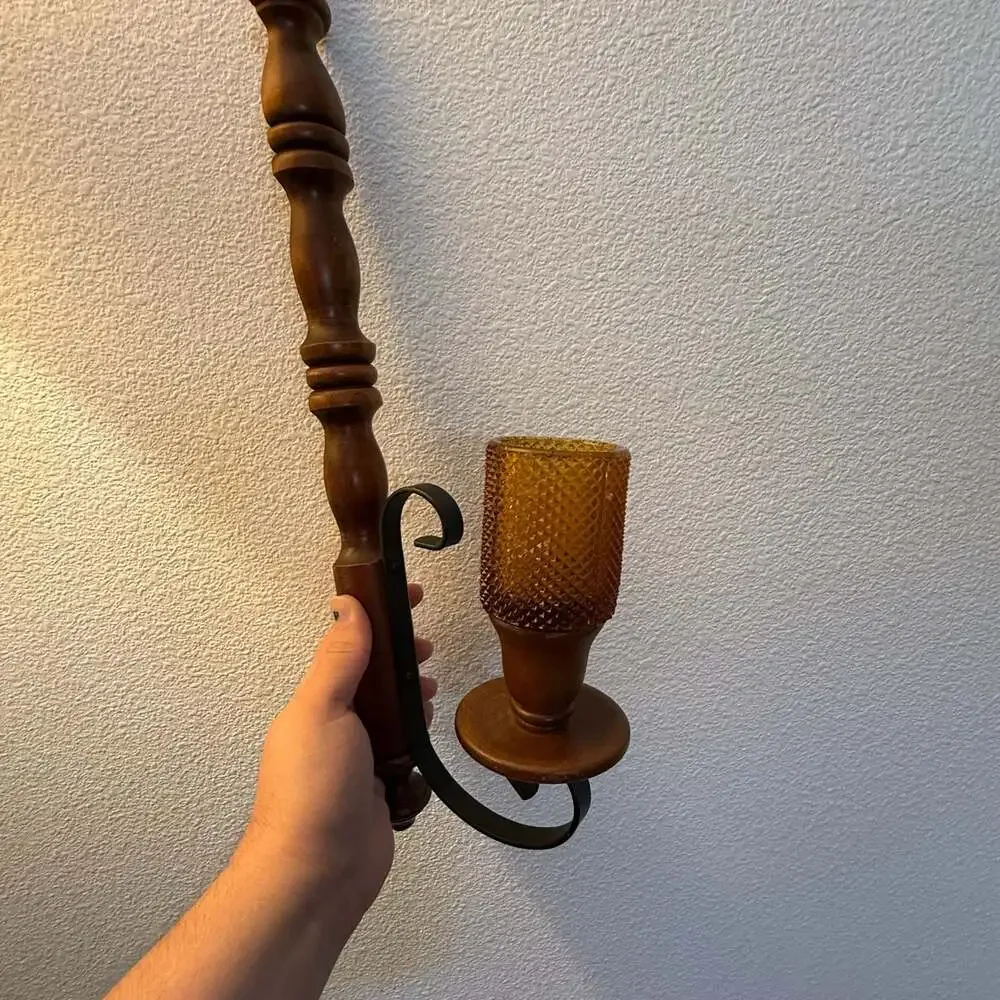 Vintage Wood and Metal Wall Sconces with Amber Diamond Point Glass Votives
